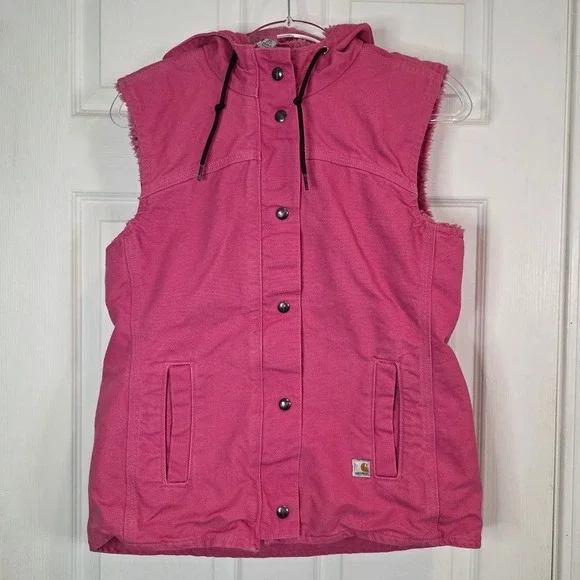 Carhartt Women's XS Sandstone Berkley Tulip Pink Sherpa Lined Hooded Canvas Vest - Picture 11 of 12